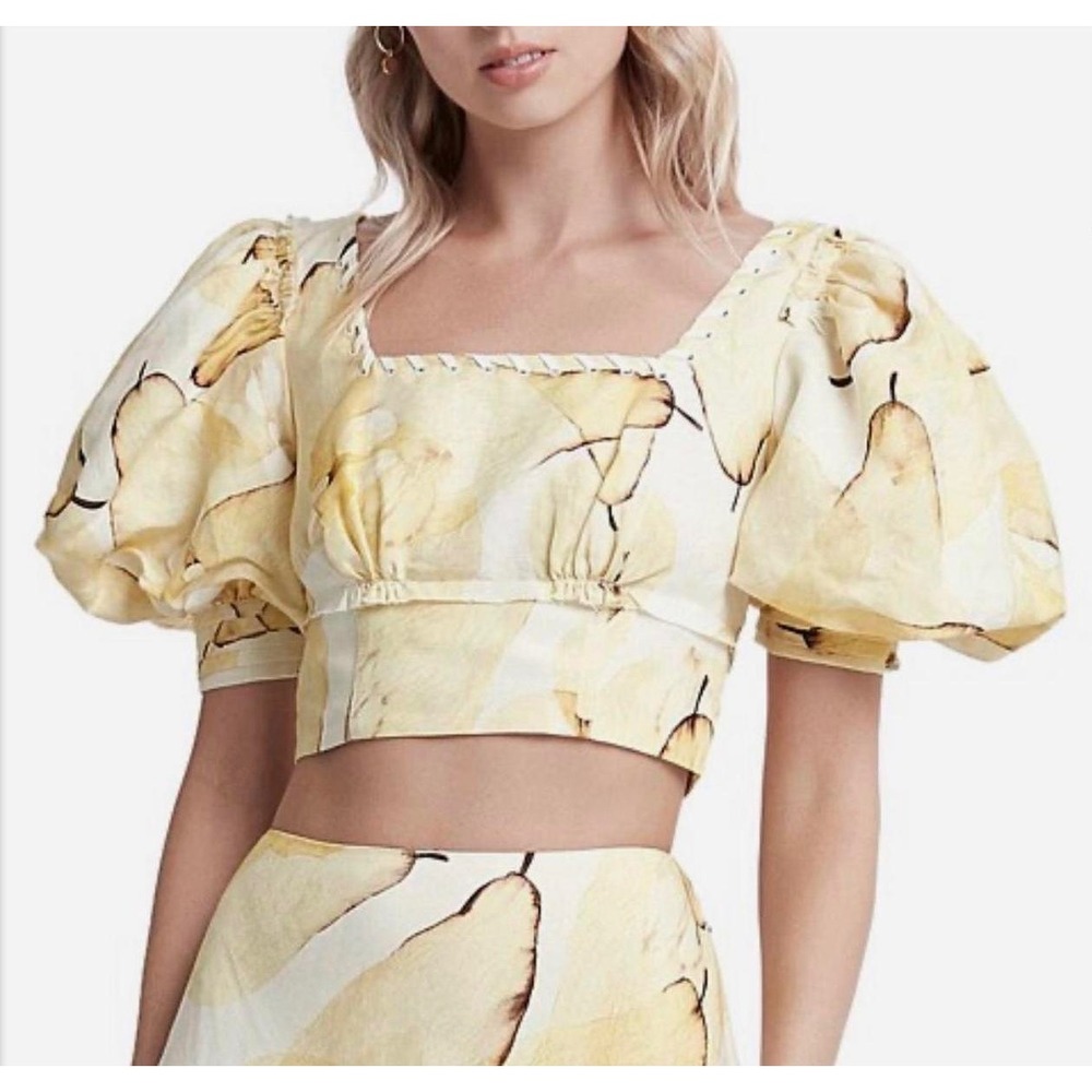 Aje Yellow Pear Print Puff Sleeve Linen Blend Crop Top Size 6